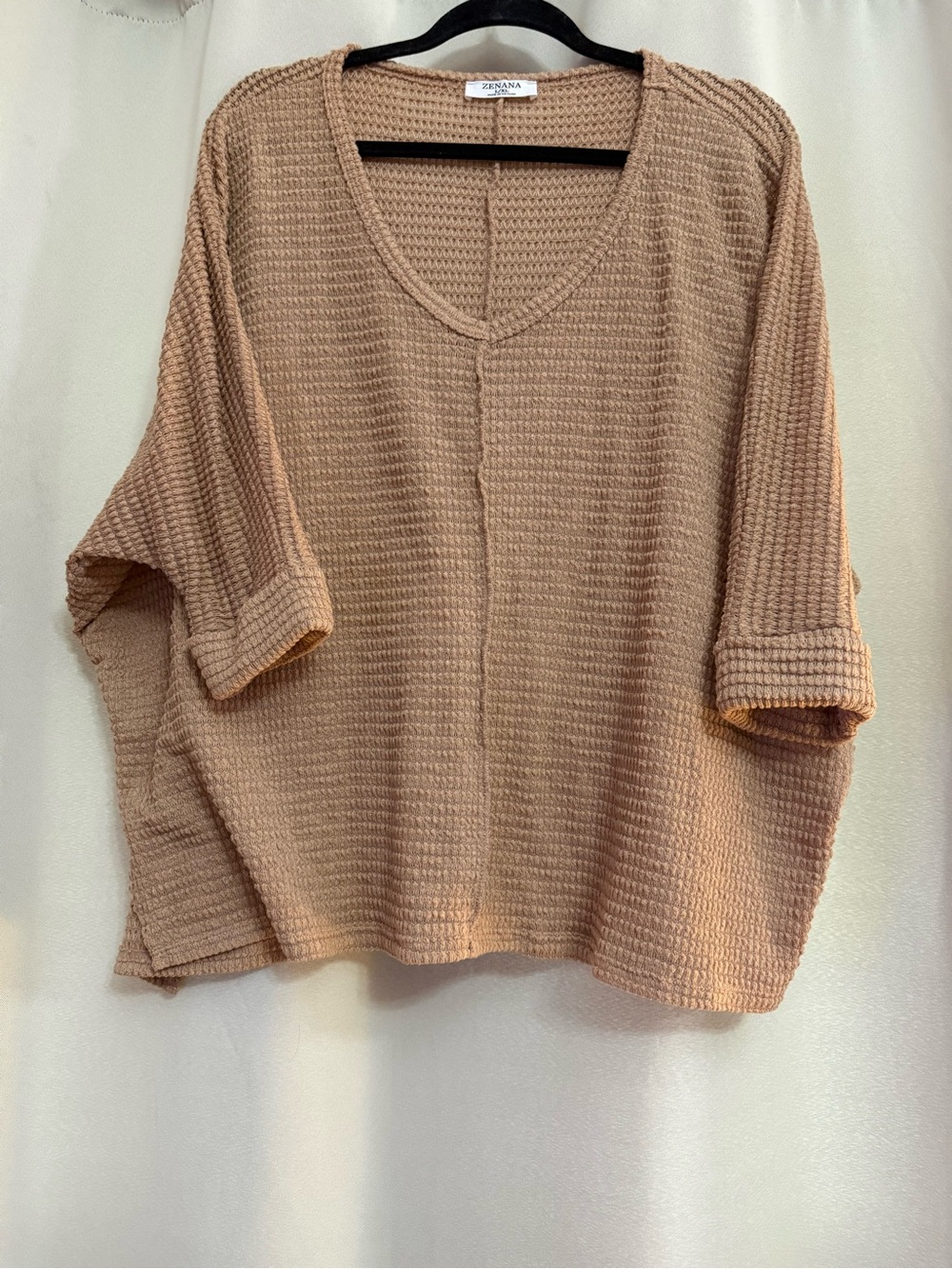 Zenana Outfitters Waffle Knit V-Neck Sweater in Light Tan